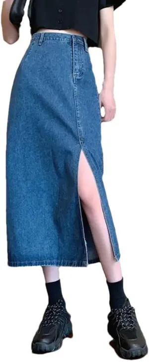 Women's High Waist Vintage Denim Jeans Skirts Solid Casual Split Long Skirt