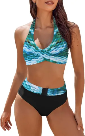 Women's High Waisted Bikini Sets Women's Women's Metallic Top Two Piece Swimsuit Tie Side Bikini Women's Liquid