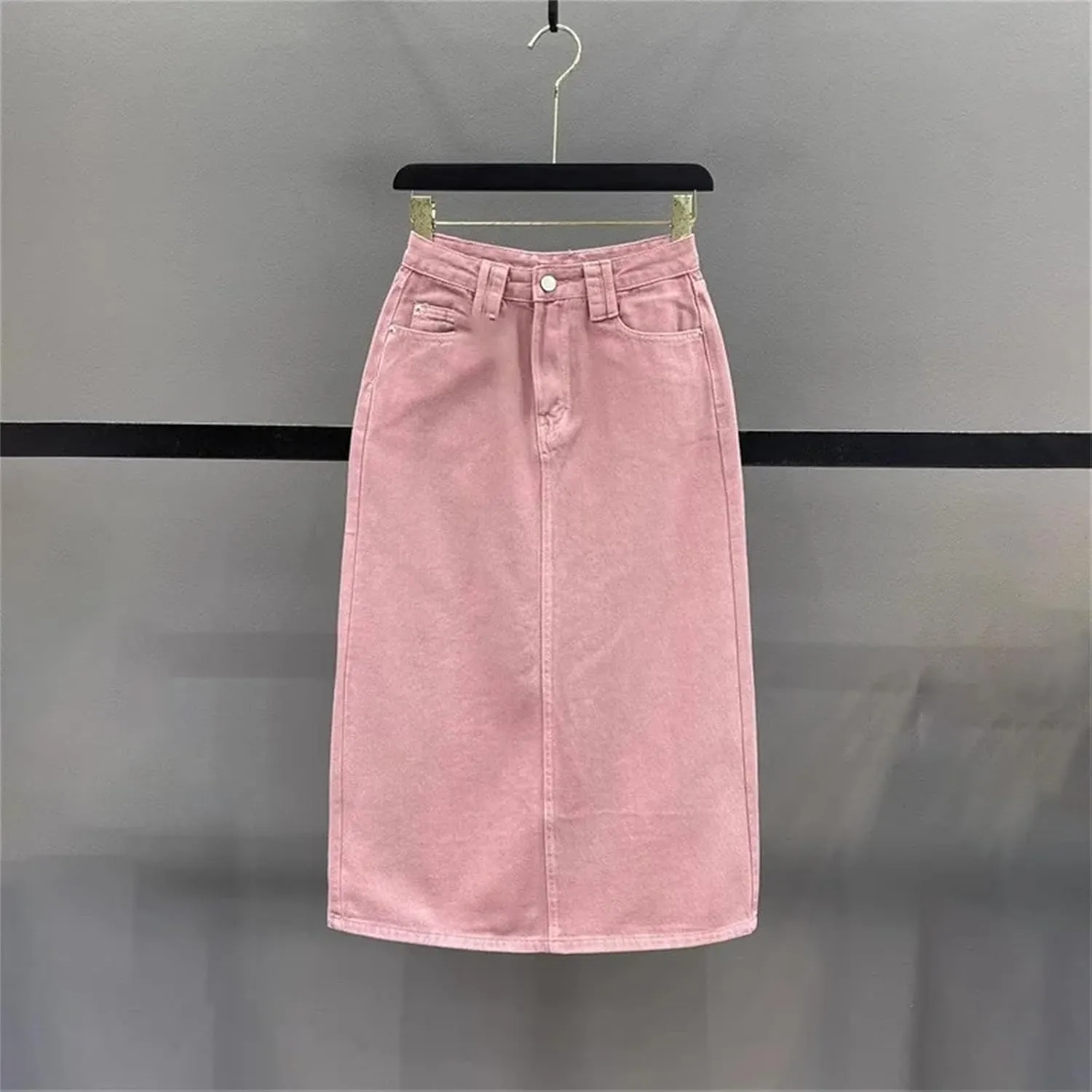 Women's High-Waisted Denim Skirt Solid Slim Fit A-Shaped Back Split Hip Wrap Long Jeans Skirt