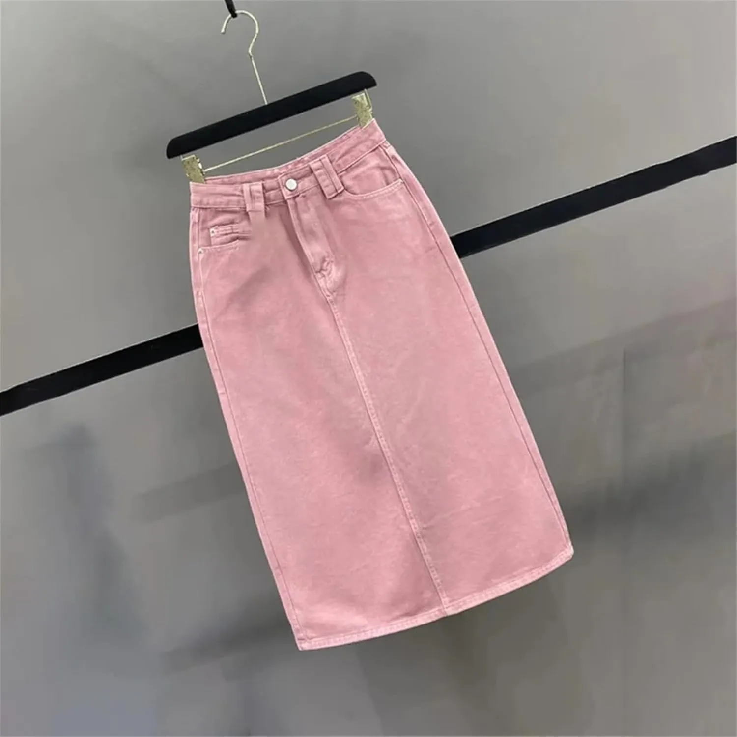 Women's High-Waisted Denim Skirt Solid Slim Fit A-Shaped Back Split Hip Wrap Long Jeans Skirt