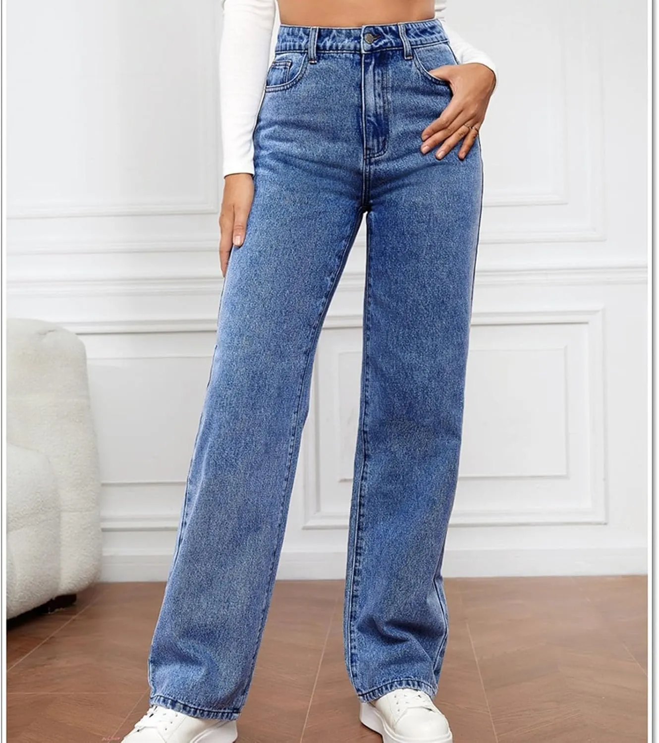 Women's High Waisted Jeans Boyfriend Baggy Straight Leg Jeans Casual Wide Leg Loose Denim Pants with Pockets