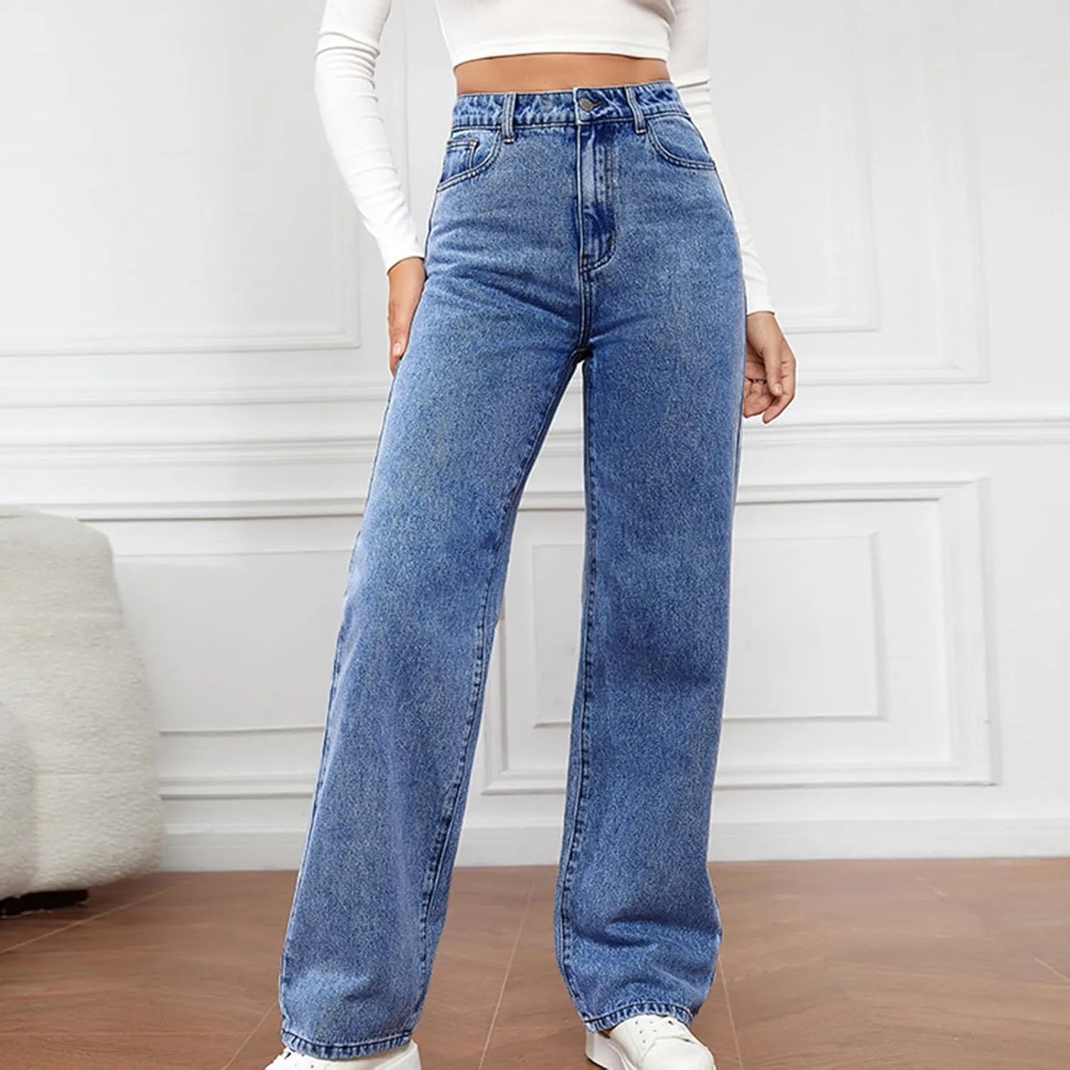 Women's High Waisted Jeans Boyfriend Baggy Straight Leg Jeans Casual Wide Leg Loose Denim Pants with Pockets