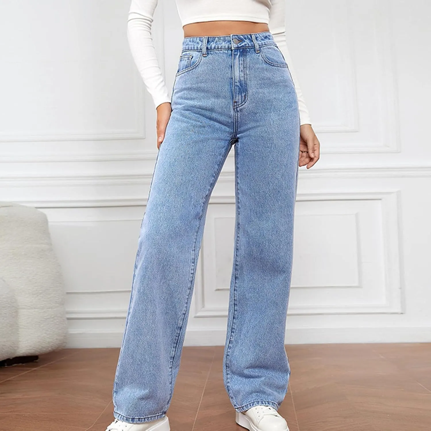 Women's High Waisted Jeans Boyfriend Baggy Straight Leg Jeans Casual Wide Leg Loose Denim Pants with Pockets