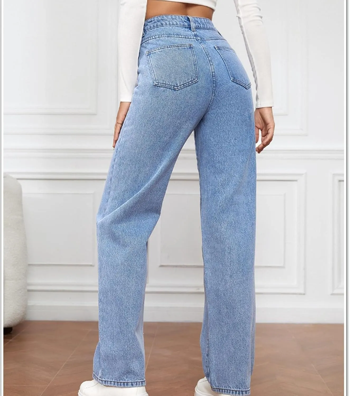 Women's High Waisted Jeans Boyfriend Baggy Straight Leg Jeans Casual Wide Leg Loose Denim Pants with Pockets