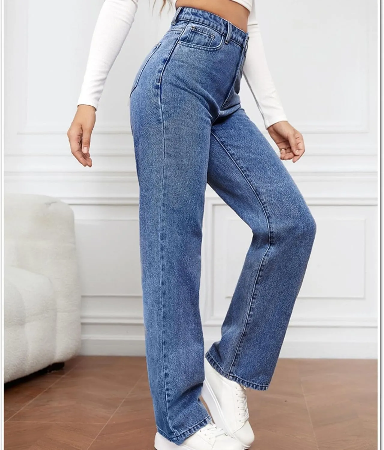 Women's High Waisted Jeans Boyfriend Baggy Straight Leg Jeans Casual Wide Leg Loose Denim Pants with Pockets