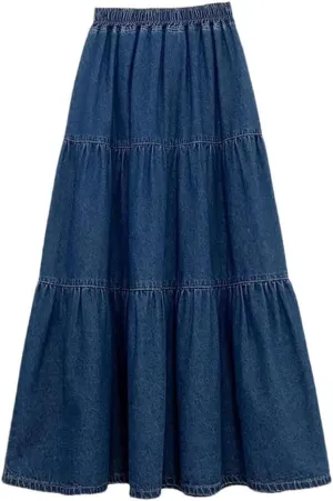 Women's High Waisted Loose Long Denim Skirt A-Line Half Body Cake Fluffy Umbrella Skirts