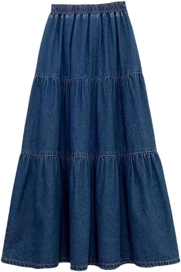 Women's High Waisted Loose Long Denim Skirt A-Line Half Body Cake Fluffy Umbrella Skirts