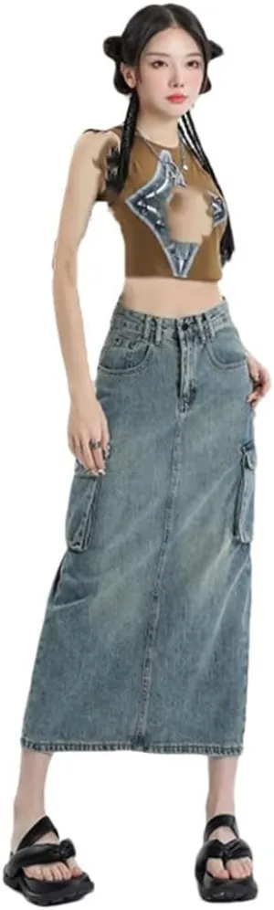 Women's High-Waisted Vintage Denim Skirt High Waist Casual A-Linewith Slit Skirt