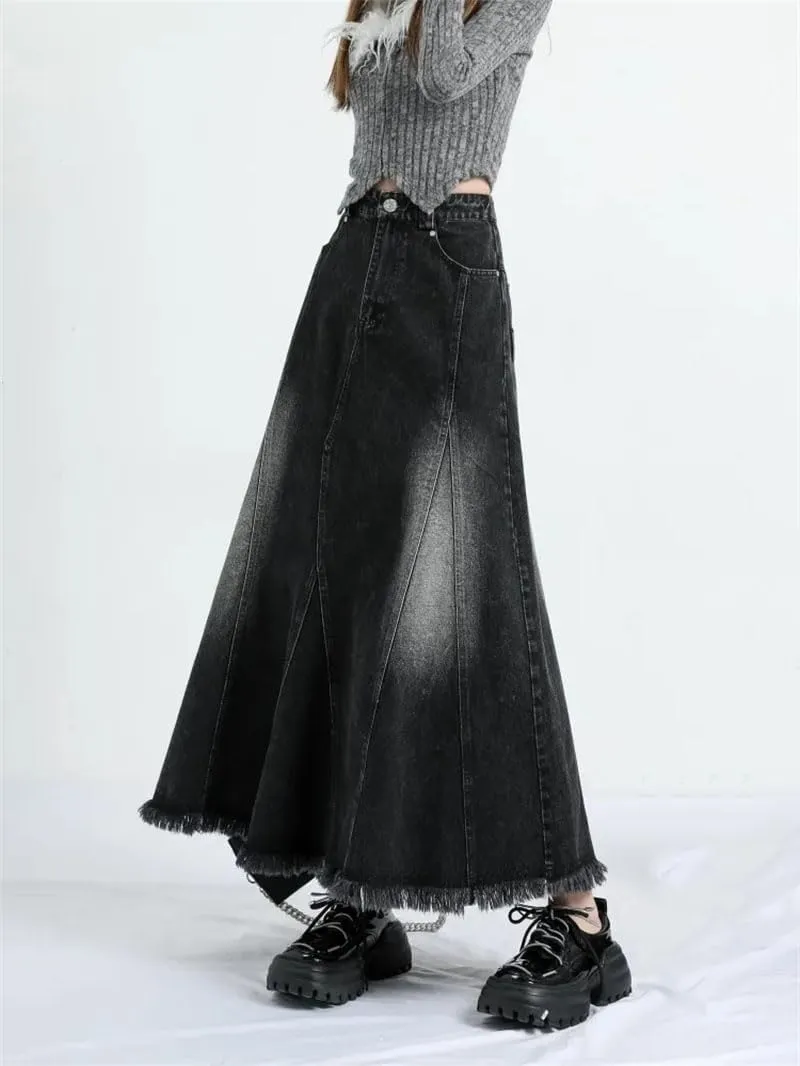Women's Irregular Long A-Line Denim Skirt High Waist Solid Jean Skirts