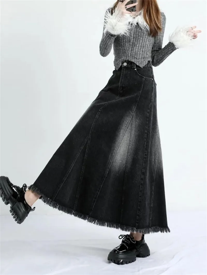 Women's Irregular Long A-Line Denim Skirt High Waist Solid Jean Skirts