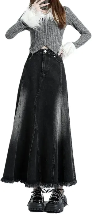 Women's Irregular Long A-Line Denim Skirt High Waist Solid Jean Skirts