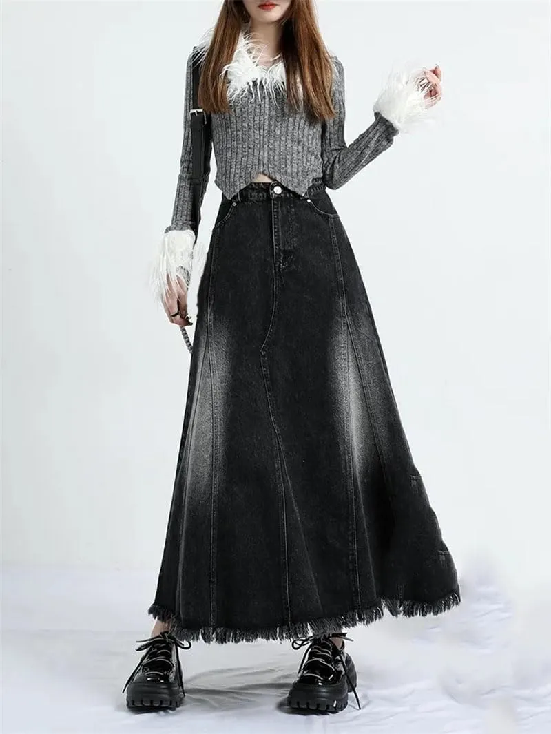 Women's Irregular Long A-Line Denim Skirt High Waist Solid Jean Skirts