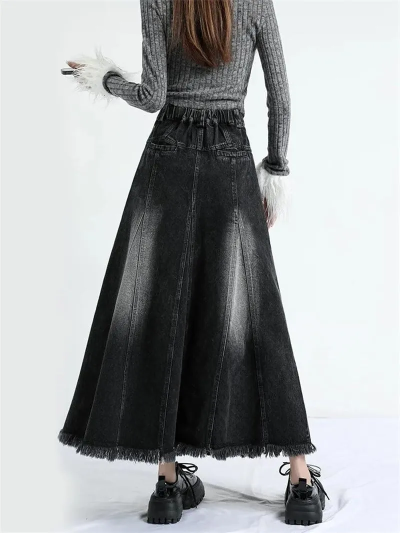 Women's Irregular Long A-Line Denim Skirt High Waist Solid Jean Skirts