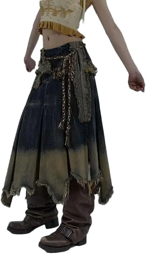 Women's Irregular Midi Denim Skirt Y2k Harajuku Vintage Distressed Jeans Skirts