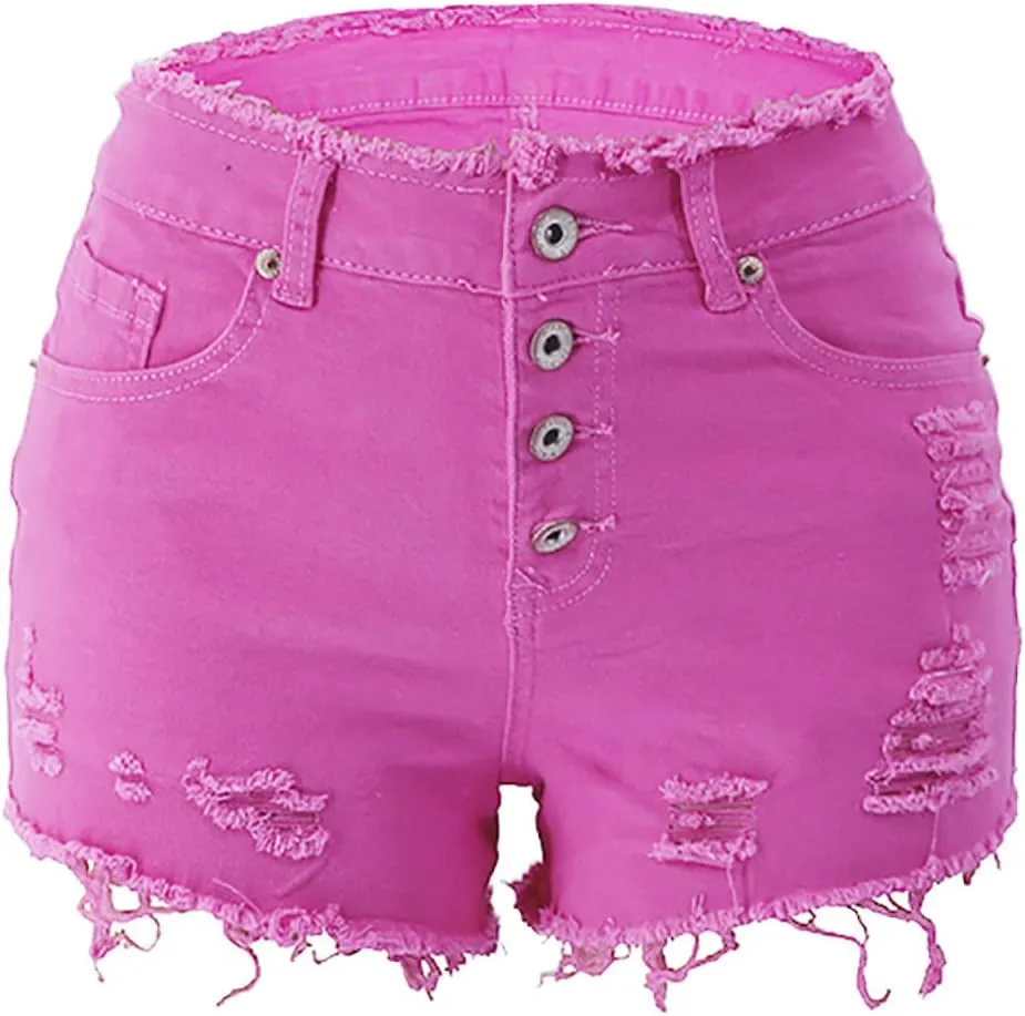 Womens Jean Shorts Casual Ripped Button High Waisted Short Jeans Trendy Dressy Pocket Raw Hem Destroyed Denim Shorts