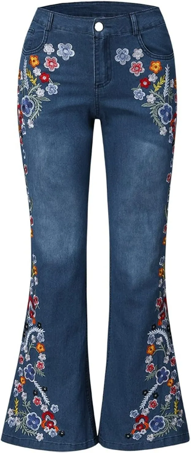 Women's Jeans Embroidery Destoryed Flare Jeans Button Waist Bell Bottom Denim Pants Cute Jeans, XS-4XL