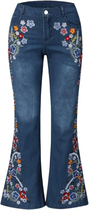 Women's Jeans Embroidery Destoryed Flare Jeans Button Waist Bell Bottom Denim Pants Cute Jeans, XS-4XL