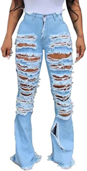 Womens Jeans High Waisted Stretchy Bell Bottom Jeans Ripped Skinny Flare Denim Pants Totally Shaping Bootcut Jeans