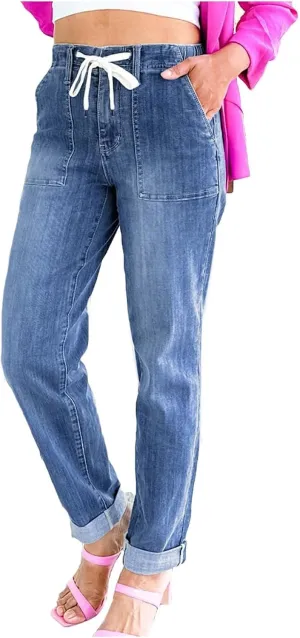 Womens Jeans Women's Trendy Casual Solid Color Jean Drawstring High Waisted Straight Wide Leg Denim Pants with Pocket
