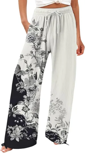 Women's Linen Pants Summer Casual Palazzo Floral Beach Pant Drawstring High Waist Wide Leg Flowy Vacation Trousers