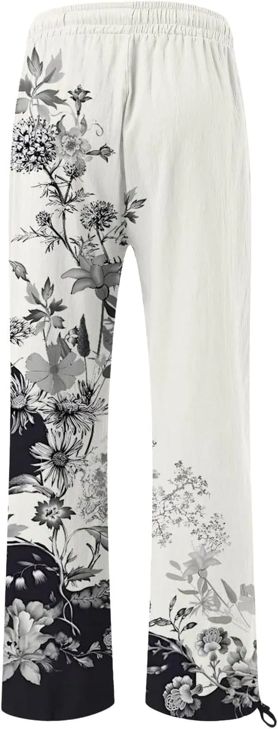 Women's Linen Pants Summer Casual Palazzo Floral Beach Pant Drawstring High Waist Wide Leg Flowy Vacation Trousers