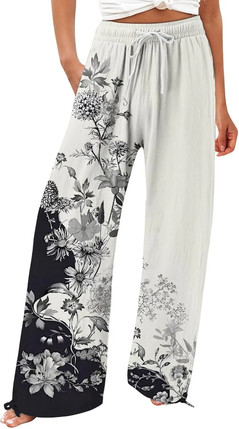 Women's Linen Pants Summer Casual Palazzo Floral Beach Pant Drawstring High Waist Wide Leg Flowy Vacation Trousers