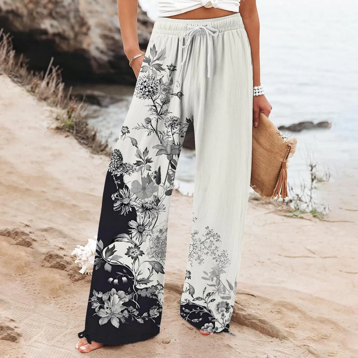 Women's Linen Pants Summer Casual Palazzo Floral Beach Pant Drawstring High Waist Wide Leg Flowy Vacation Trousers