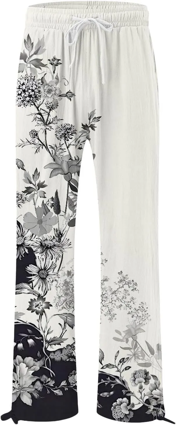 Women's Linen Pants Summer Casual Palazzo Floral Beach Pant Drawstring High Waist Wide Leg Flowy Vacation Trousers