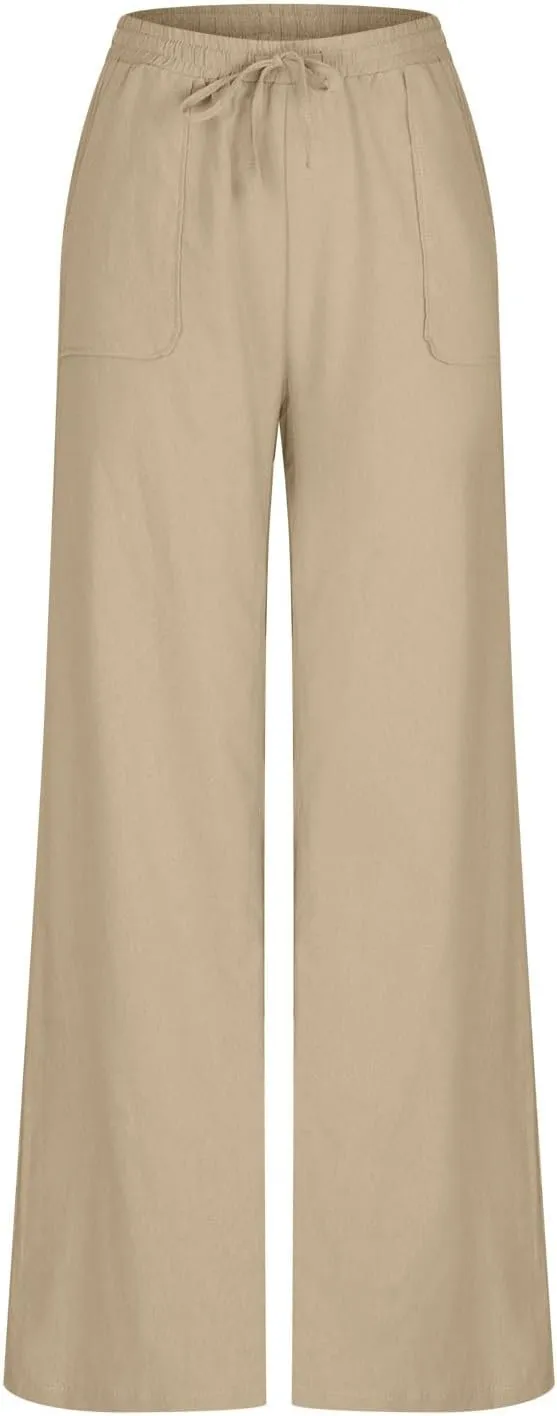 Women's Linen Pants Summer Casual Straight Leg Trousers Drawstring Lightweight Elastic Waist Cotton Pant with Pockets