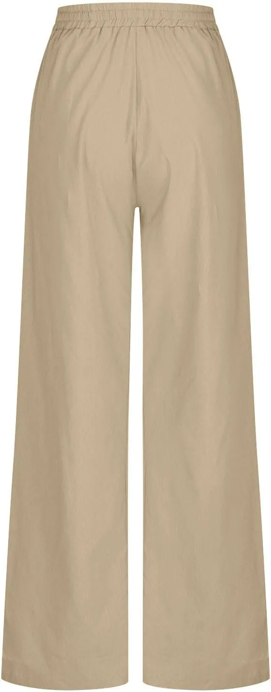 Women's Linen Pants Summer Casual Straight Leg Trousers Drawstring Lightweight Elastic Waist Cotton Pant with Pockets