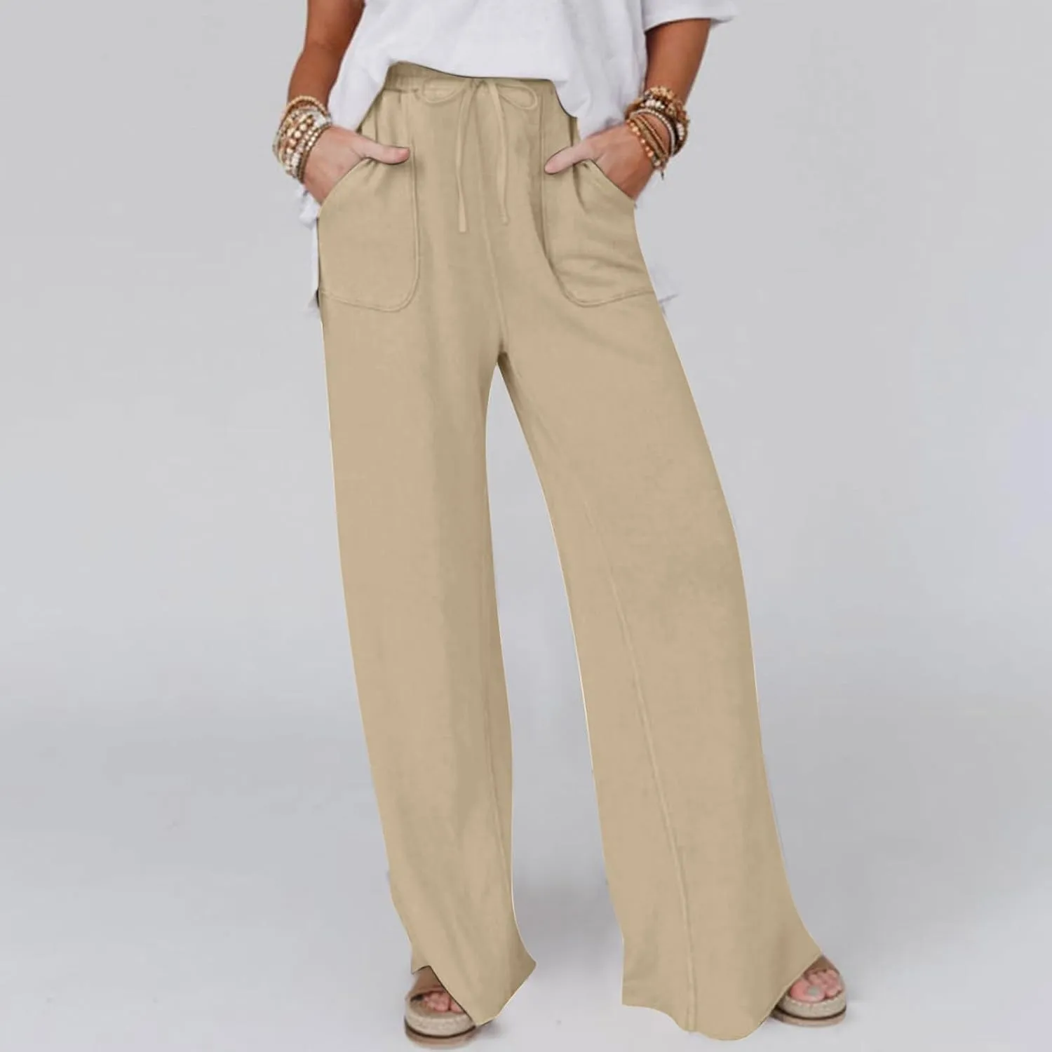 Women's Linen Pants Summer Casual Straight Leg Trousers Drawstring Lightweight Elastic Waist Cotton Pant with Pockets