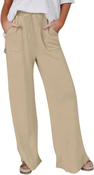 Women's Linen Pants Summer Casual Straight Leg Trousers Drawstring Lightweight Elastic Waist Cotton Pant with Pockets
