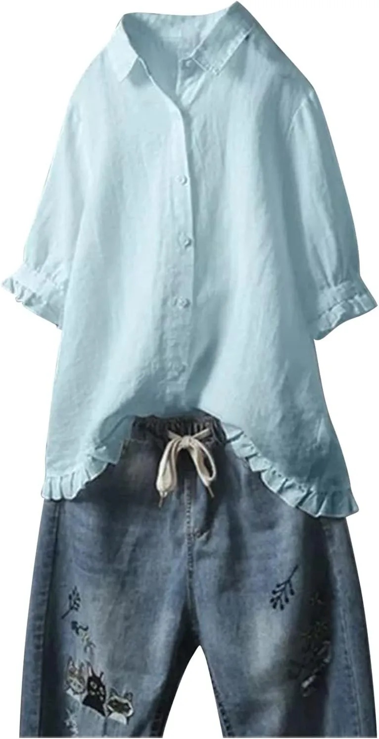 Womens Linen Shirts V-Neck Button Down Blouses Embroidery Floral Casual Tee Top Short Sleeve Loose Tunics Top
