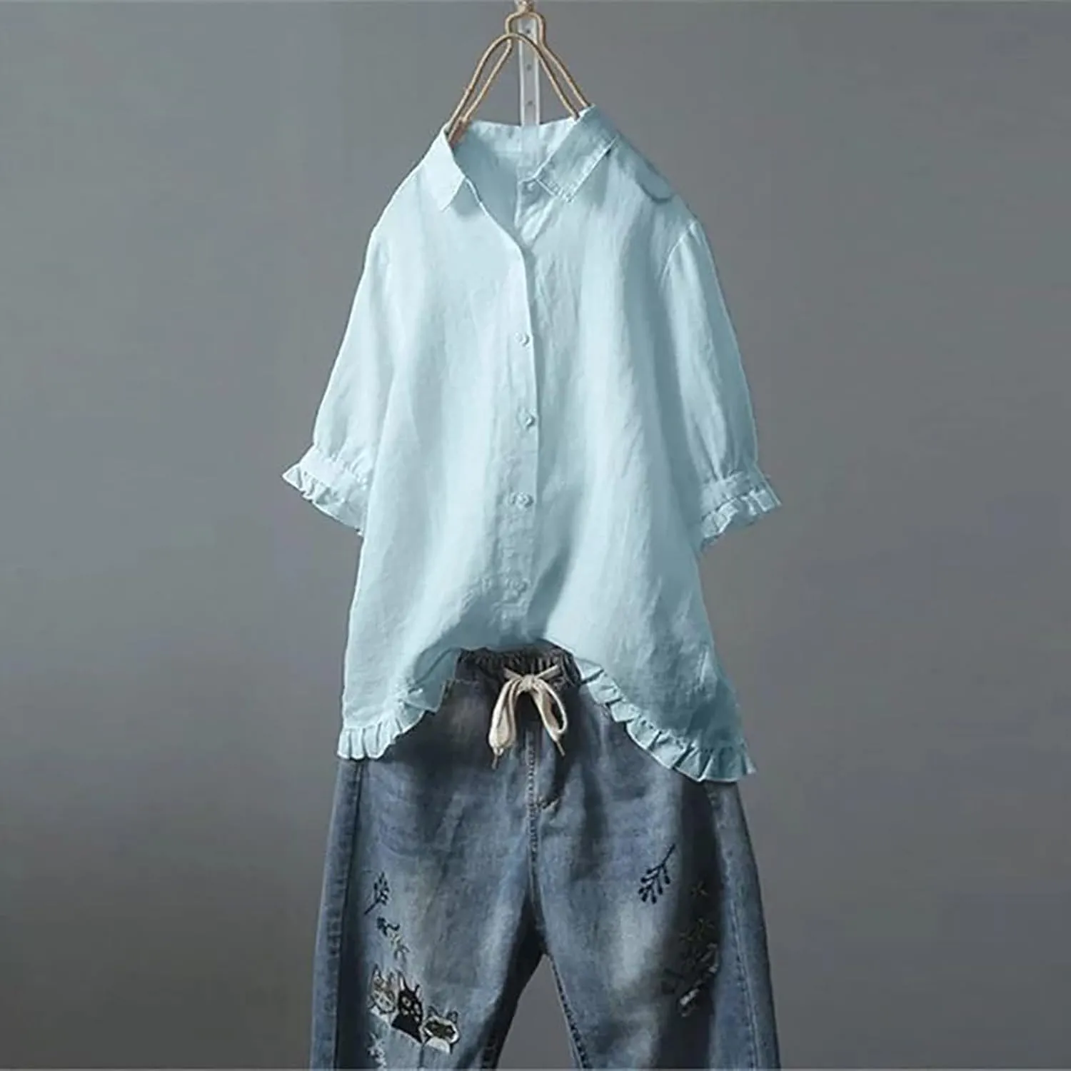 Womens Linen Shirts V-Neck Button Down Blouses Embroidery Floral Casual Tee Top Short Sleeve Loose Tunics Top