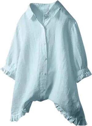 Womens Linen Shirts V-Neck Button Down Blouses Embroidery Floral Casual Tee Top Short Sleeve Loose Tunics Top