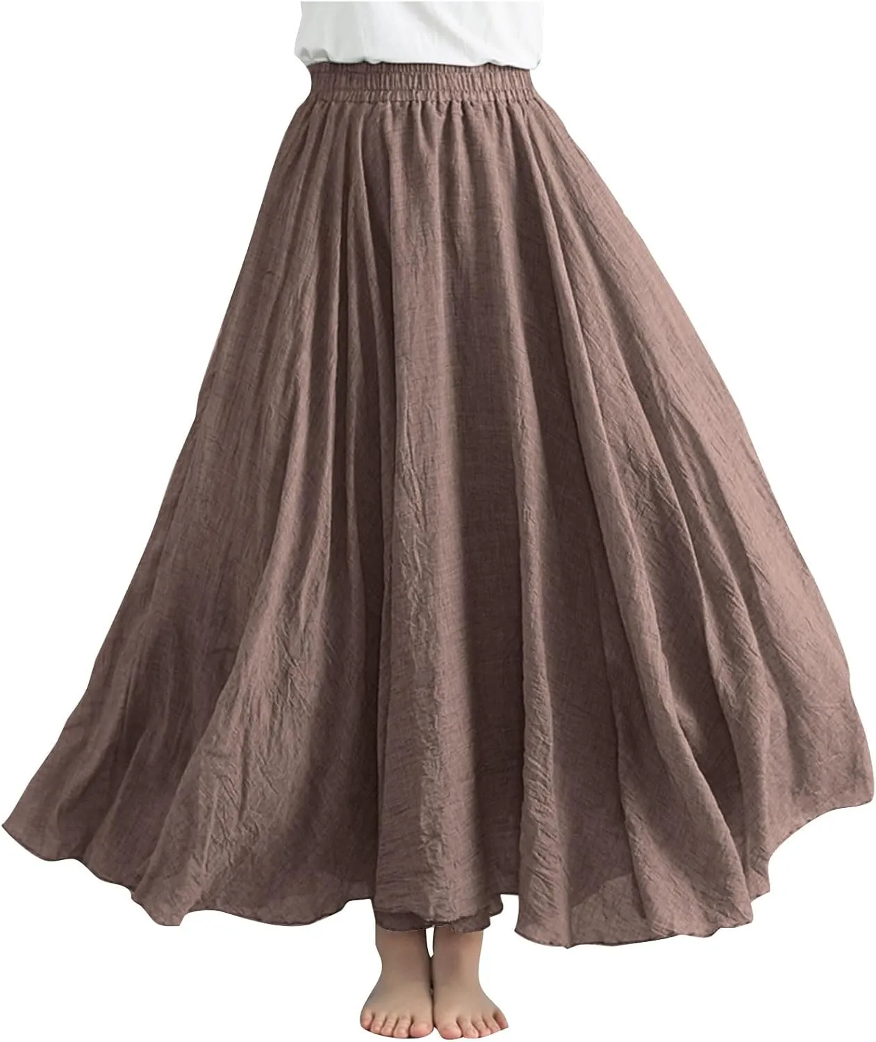 Womens Linen Skirt 2025 Summer Fashion Casual Elastic High Waist Long Skirts Pleated A-Line Flowy Swing Skirt