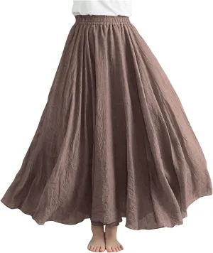 Womens Linen Skirt 2025 Summer Fashion Casual Elastic High Waist Long Skirts Pleated A-Line Flowy Swing Skirt