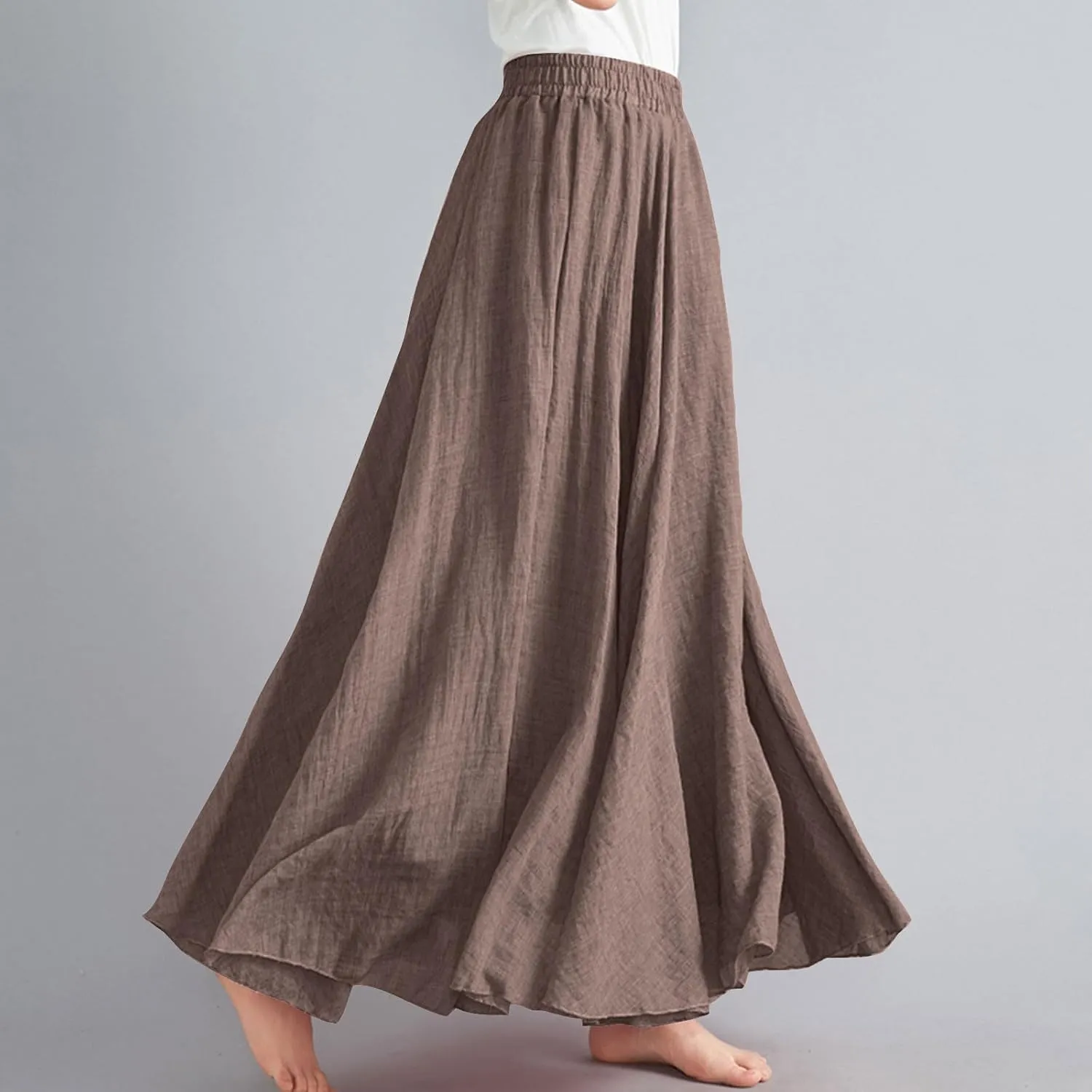 Womens Linen Skirt 2025 Summer Fashion Casual Elastic High Waist Long Skirts Pleated A-Line Flowy Swing Skirt