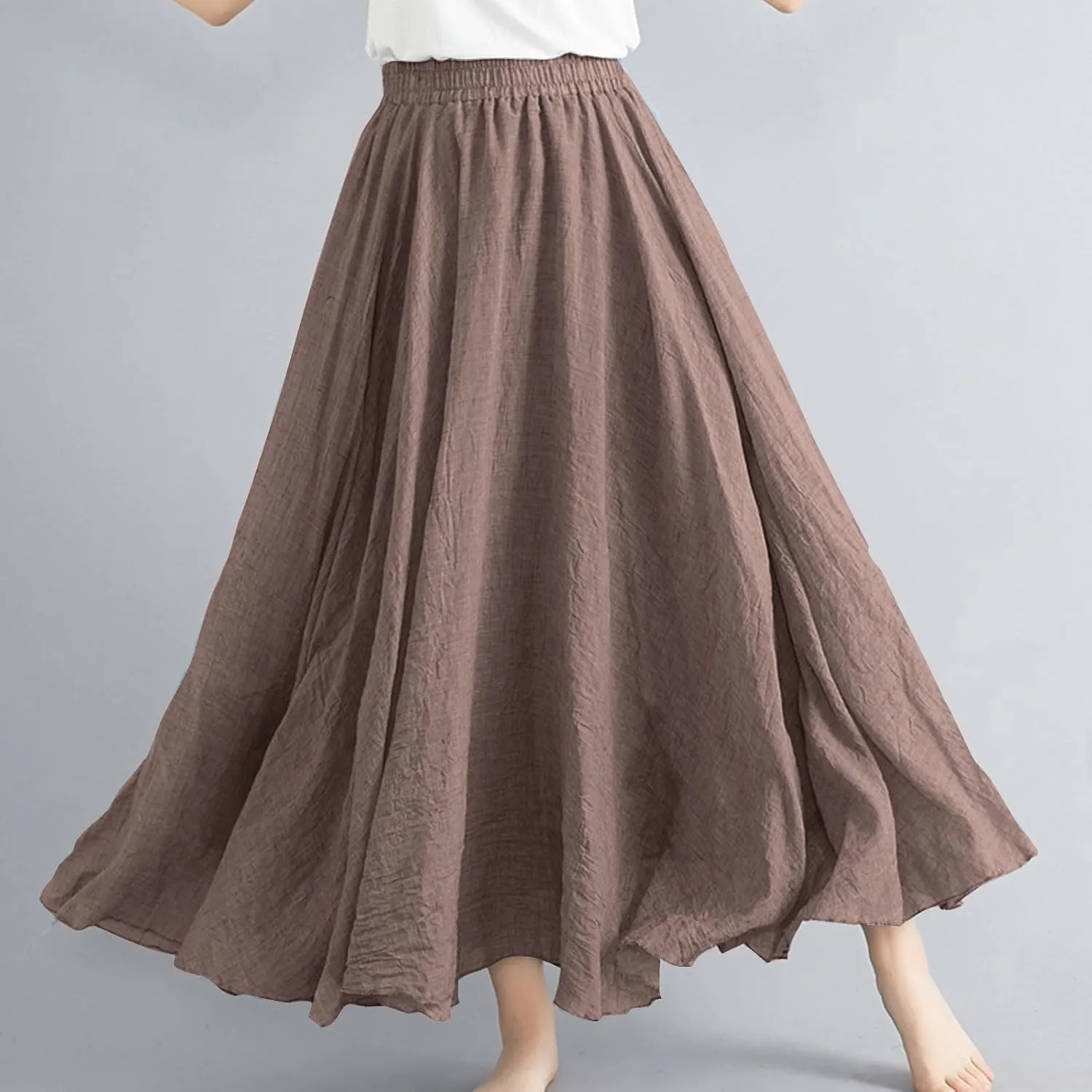 Womens Linen Skirt 2025 Summer Fashion Casual Elastic High Waist Long Skirts Pleated A-Line Flowy Swing Skirt