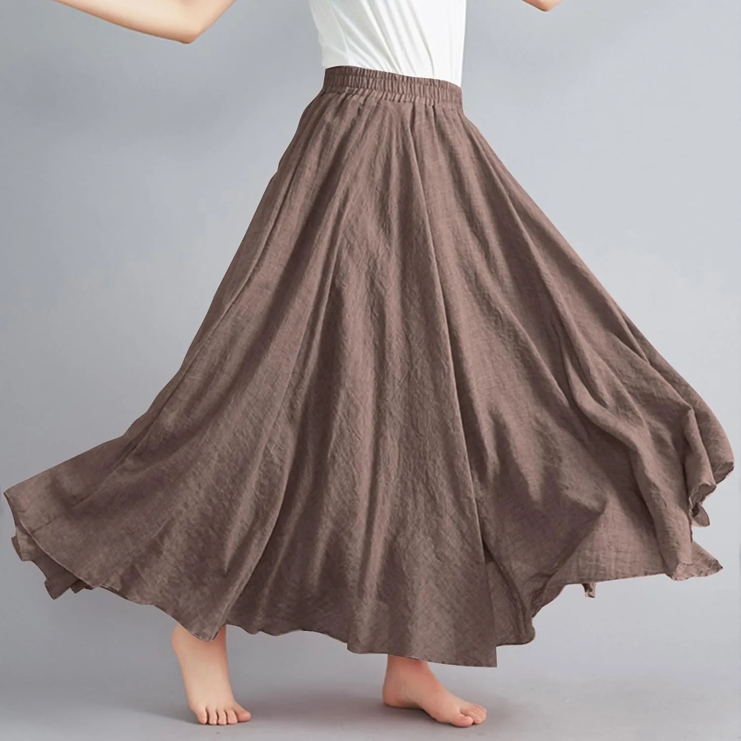 Womens Linen Skirt 2025 Summer Fashion Casual Elastic High Waist Long Skirts Pleated A-Line Flowy Swing Skirt