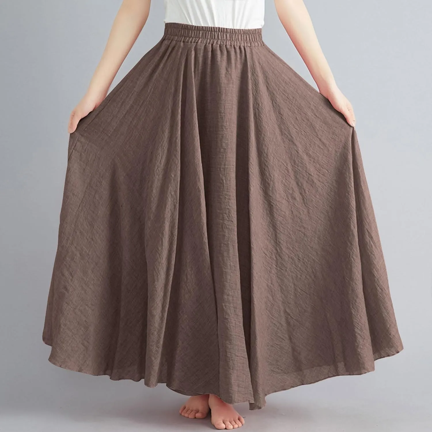 Womens Linen Skirt 2025 Summer Fashion Casual Elastic High Waist Long Skirts Pleated A-Line Flowy Swing Skirt