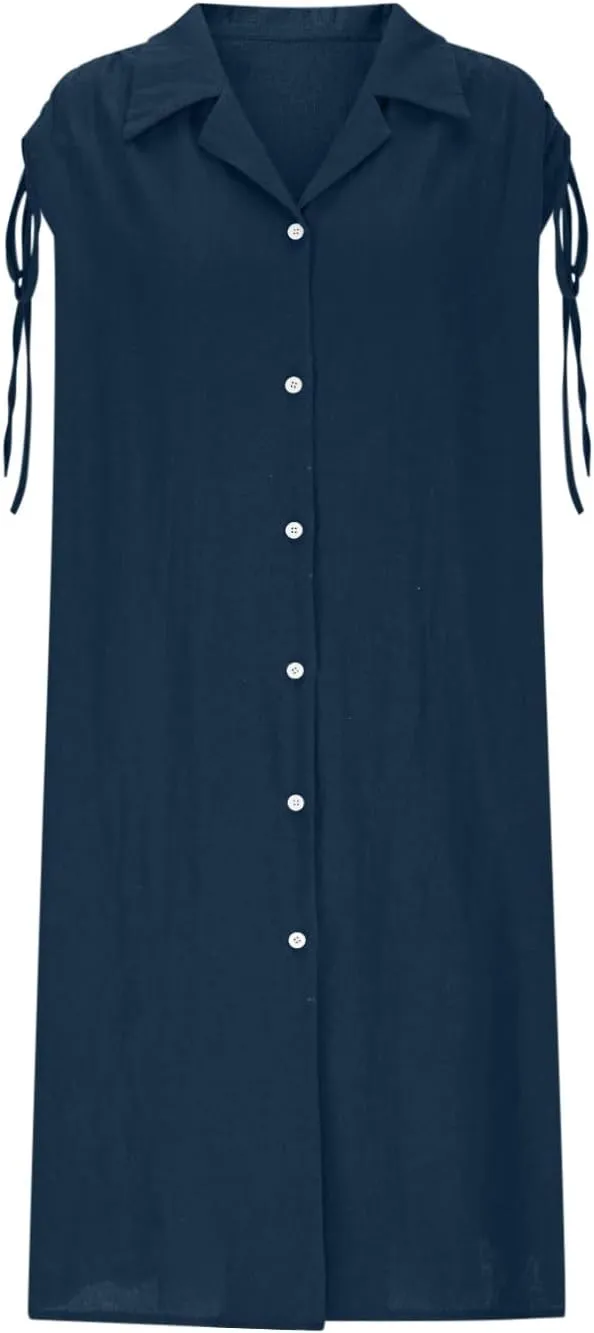 Women's Linen Tank Dress Summer Casual Button Down Midi Shirt Dresses V Neck Drawstring Cap Sleeve Beach Cover Up Dress