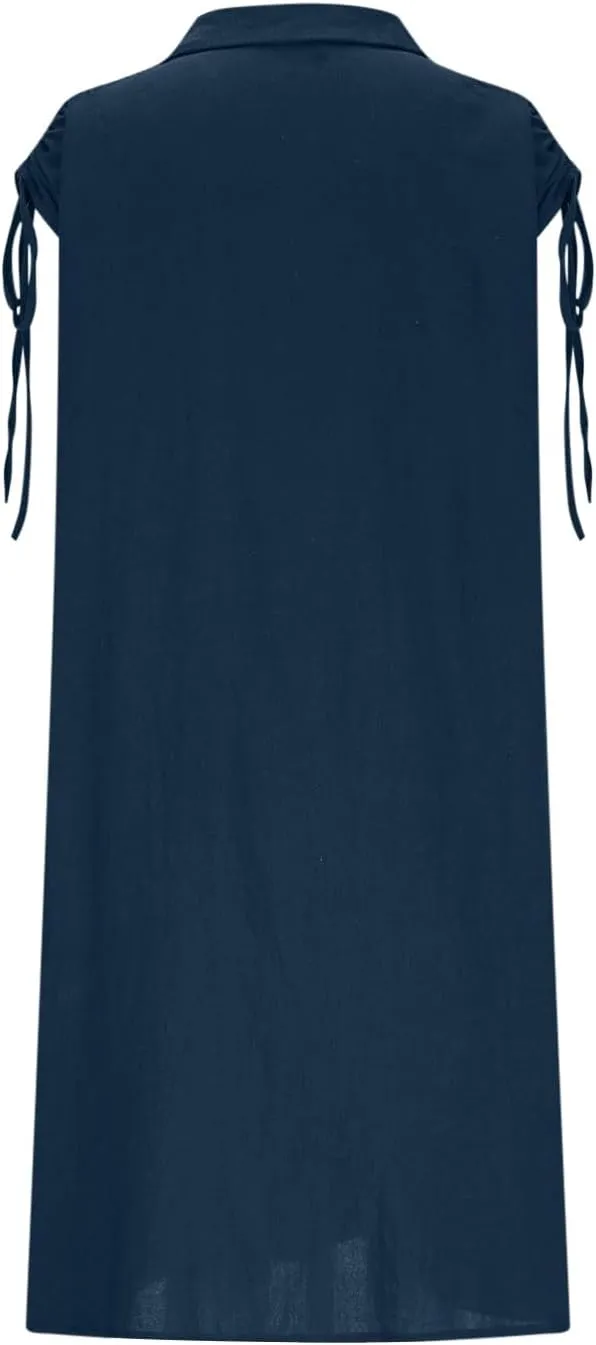 Women's Linen Tank Dress Summer Casual Button Down Midi Shirt Dresses V Neck Drawstring Cap Sleeve Beach Cover Up Dress