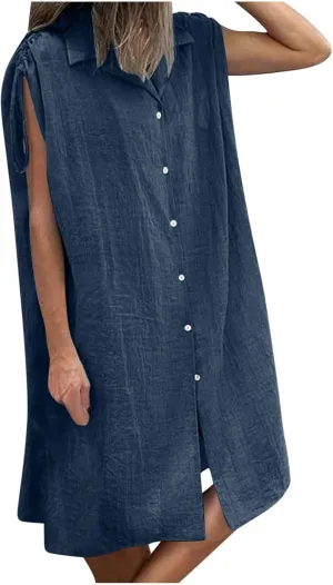 Women's Linen Tank Dress Summer Casual Button Down Midi Shirt Dresses V Neck Drawstring Cap Sleeve Beach Cover Up Dress