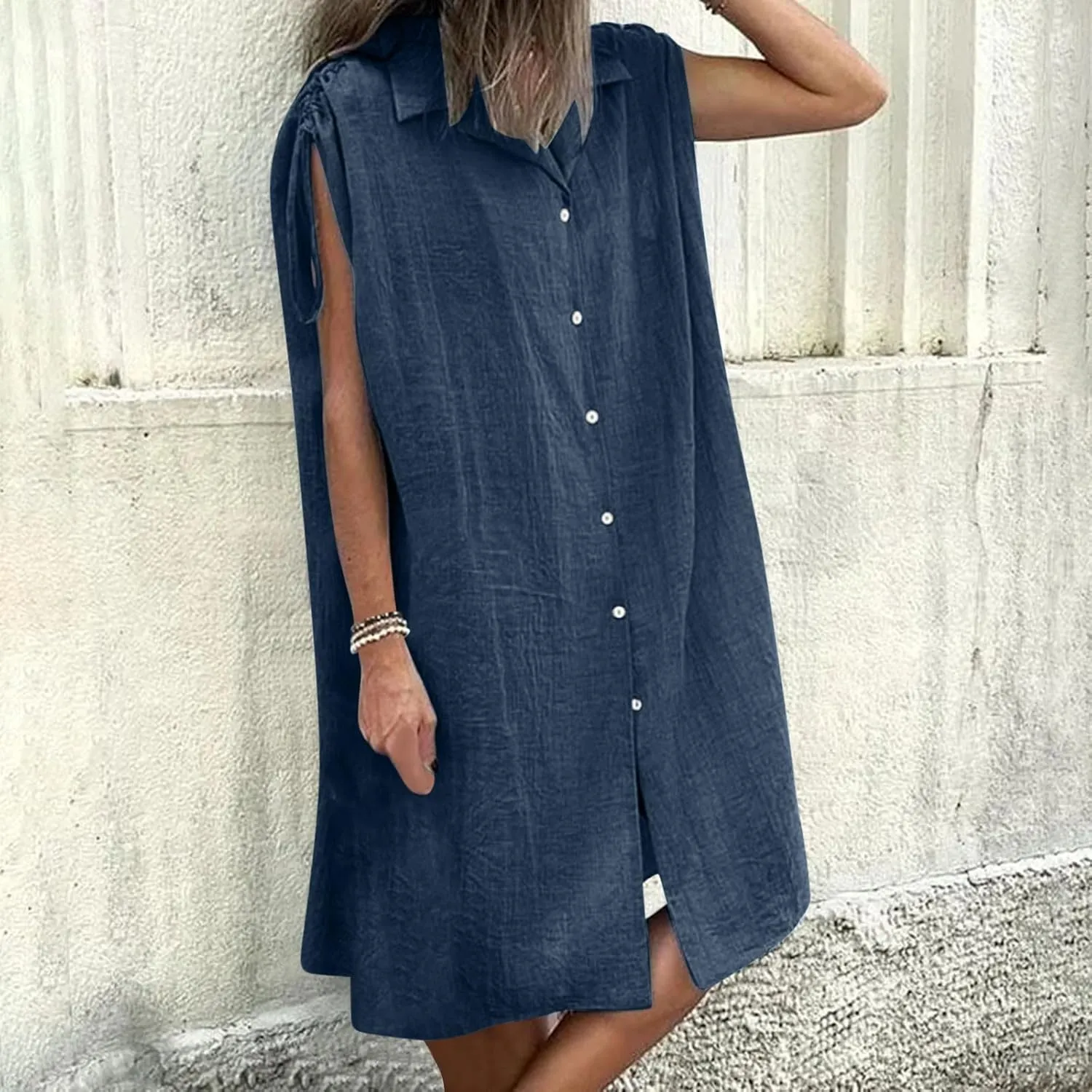 Women's Linen Tank Dress Summer Casual Button Down Midi Shirt Dresses V Neck Drawstring Cap Sleeve Beach Cover Up Dress