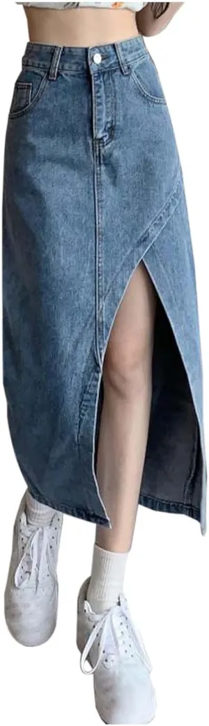 Womens Long Denim Skirt Retro A-Line Stretch Jean Skirt for Women High Waisted Casual Denim Maxi Skirt with Pockets