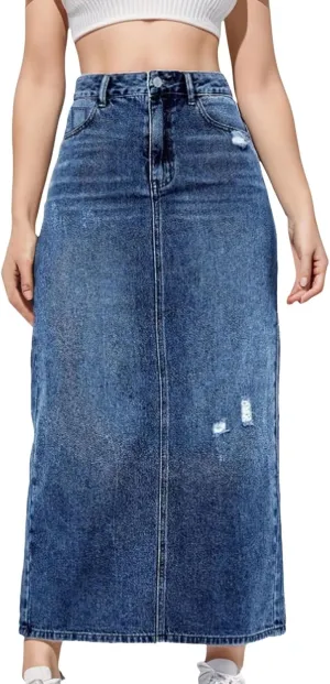 Womens Long Denim Skirt Retro A-Line Stretch Jean Skirt for Women High Waisted Casual Denim Maxi Skirt with Pockets