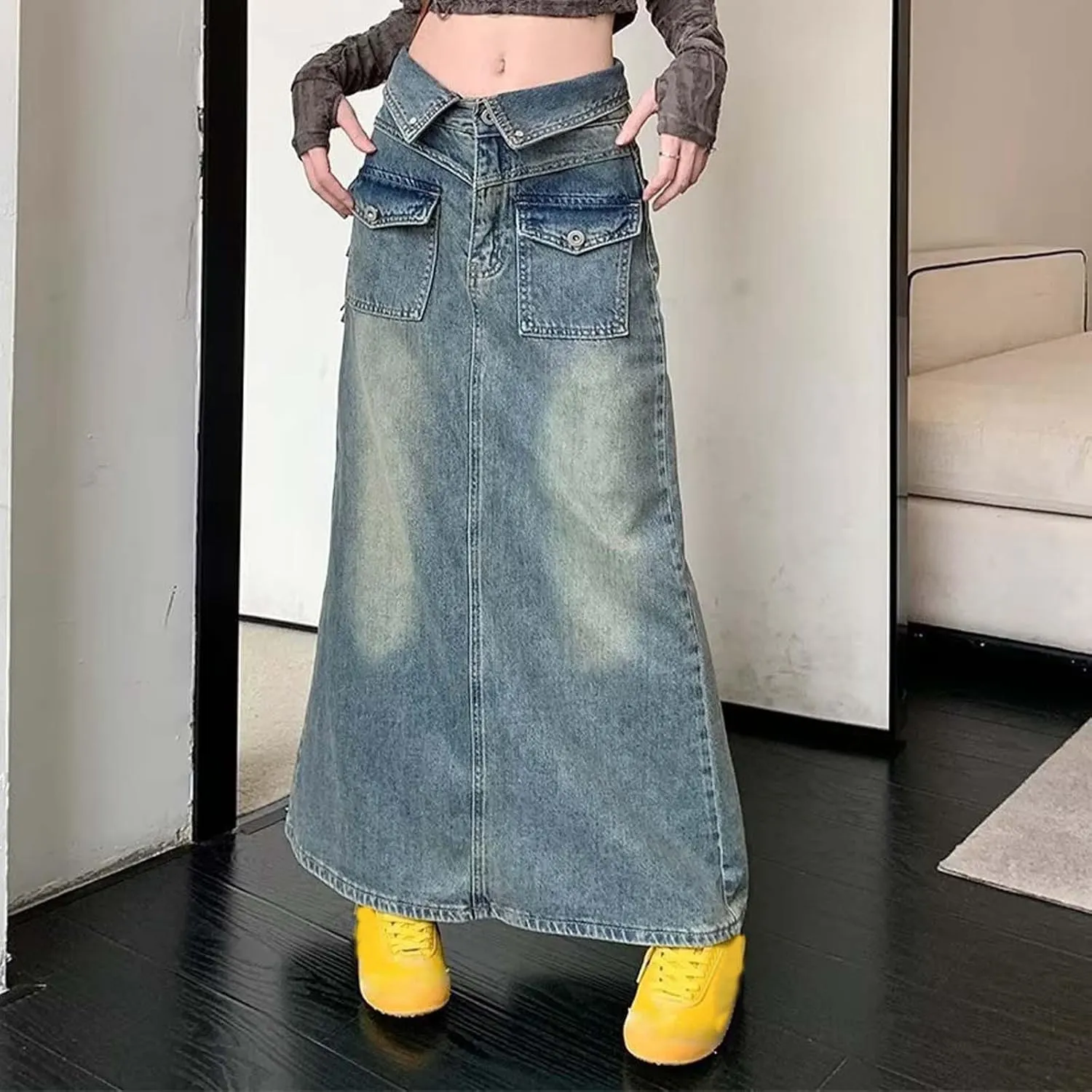 Womens Long Denim Skirt Retro A-Line Stretch Jean Skirt for Women High Waisted Casual Denim Maxi Skirt with Pockets