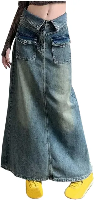 Womens Long Denim Skirt Retro A-Line Stretch Jean Skirt for Women High Waisted Casual Denim Maxi Skirt with Pockets