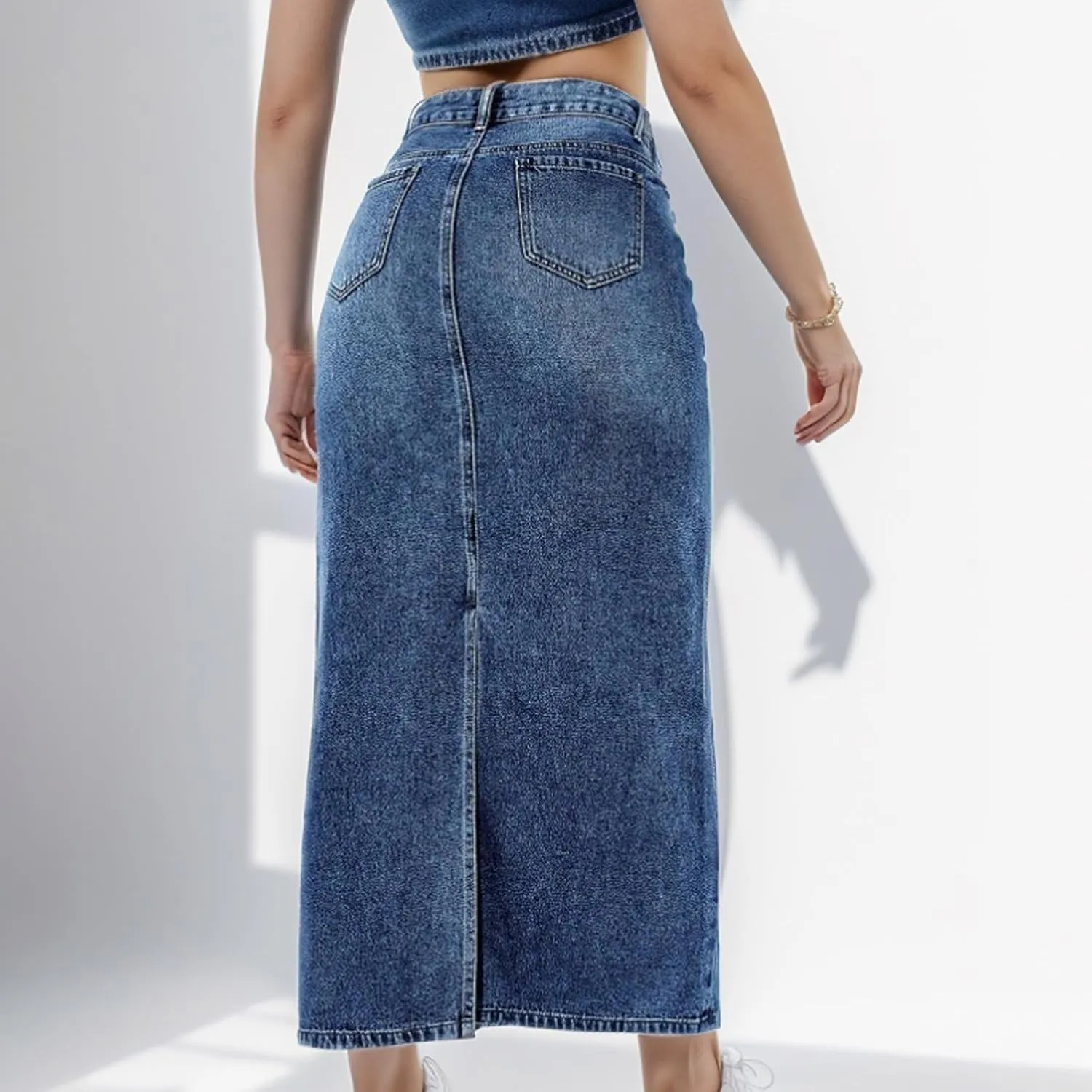 Womens Long Denim Skirt Retro A-Line Stretch Jean Skirt for Women High Waisted Casual Denim Maxi Skirt with Pockets